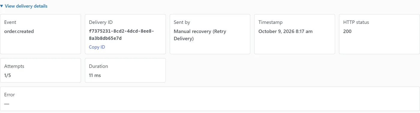 Delivery details after a manual recovery with an HTTP 200 reply